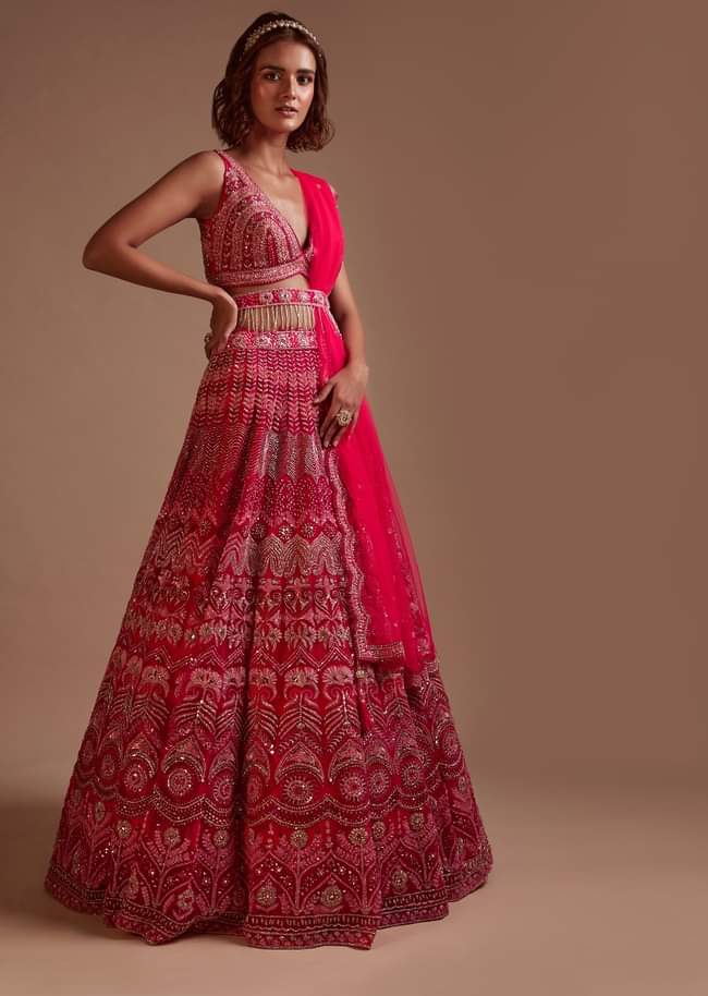 Hot Pink Lehenga Choli In Net With Mirror Work In Floral And Mughal Motifs Along With A Tassel Belt 
