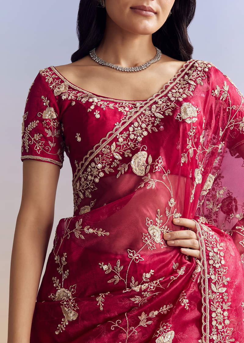 Hot Pink Satin Saree With Floral Embroidery In Sequins And Cutdana