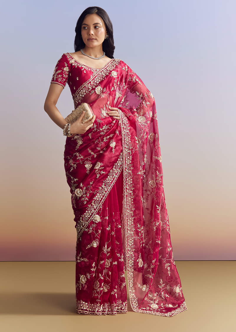 Hot Pink Satin Saree With Floral Embroidery In Sequins And Cutdana
