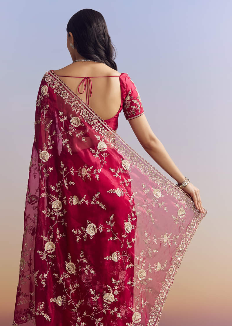 Hot Pink Satin Saree With Floral Embroidery In Sequins And Cutdana