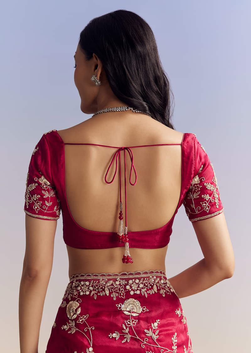 Hot Pink Satin Saree With Floral Embroidery In Sequins And Cutdana