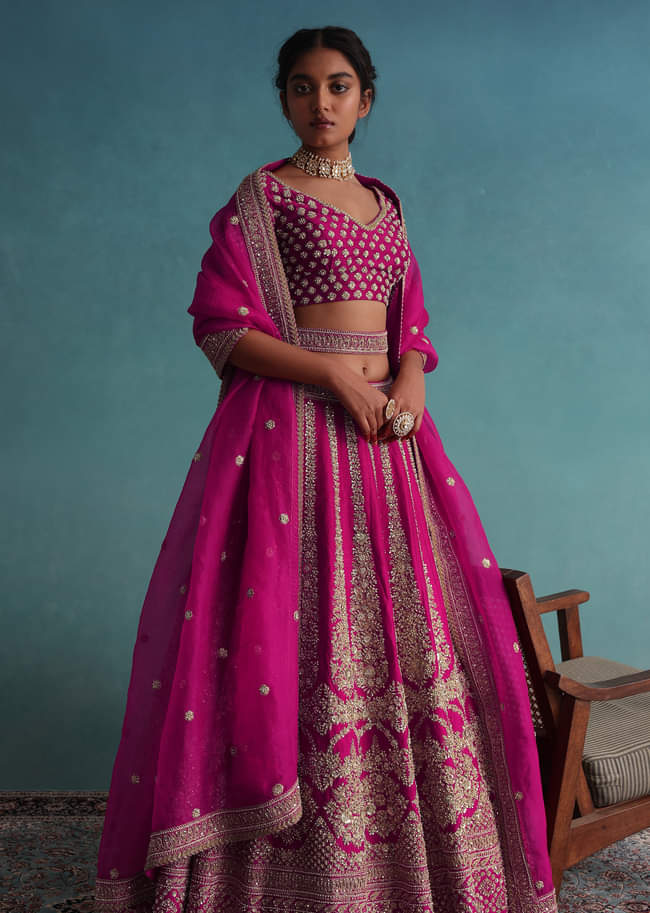 Hot Pink 14 Kali Embroidered Bridal Lehenga In Raw Silk With Embroidered Belt 