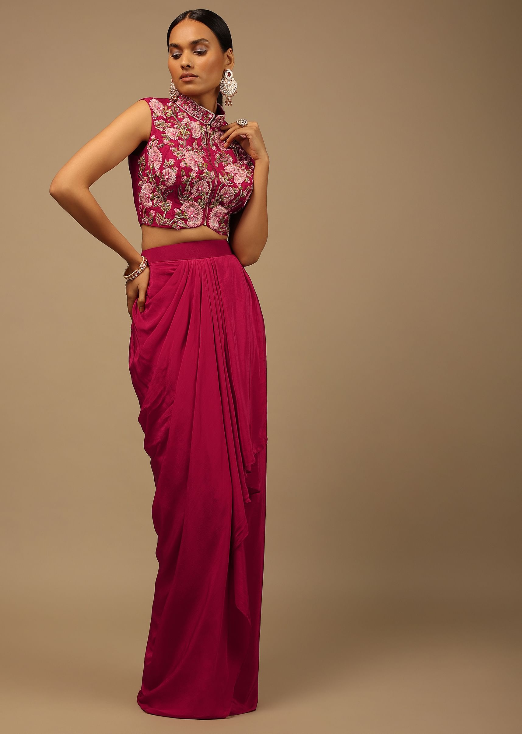Buy Hot Pink Draped Dhoti Skirt And Crop Top With Multi Colored Resham Flowers And Moti Highlights