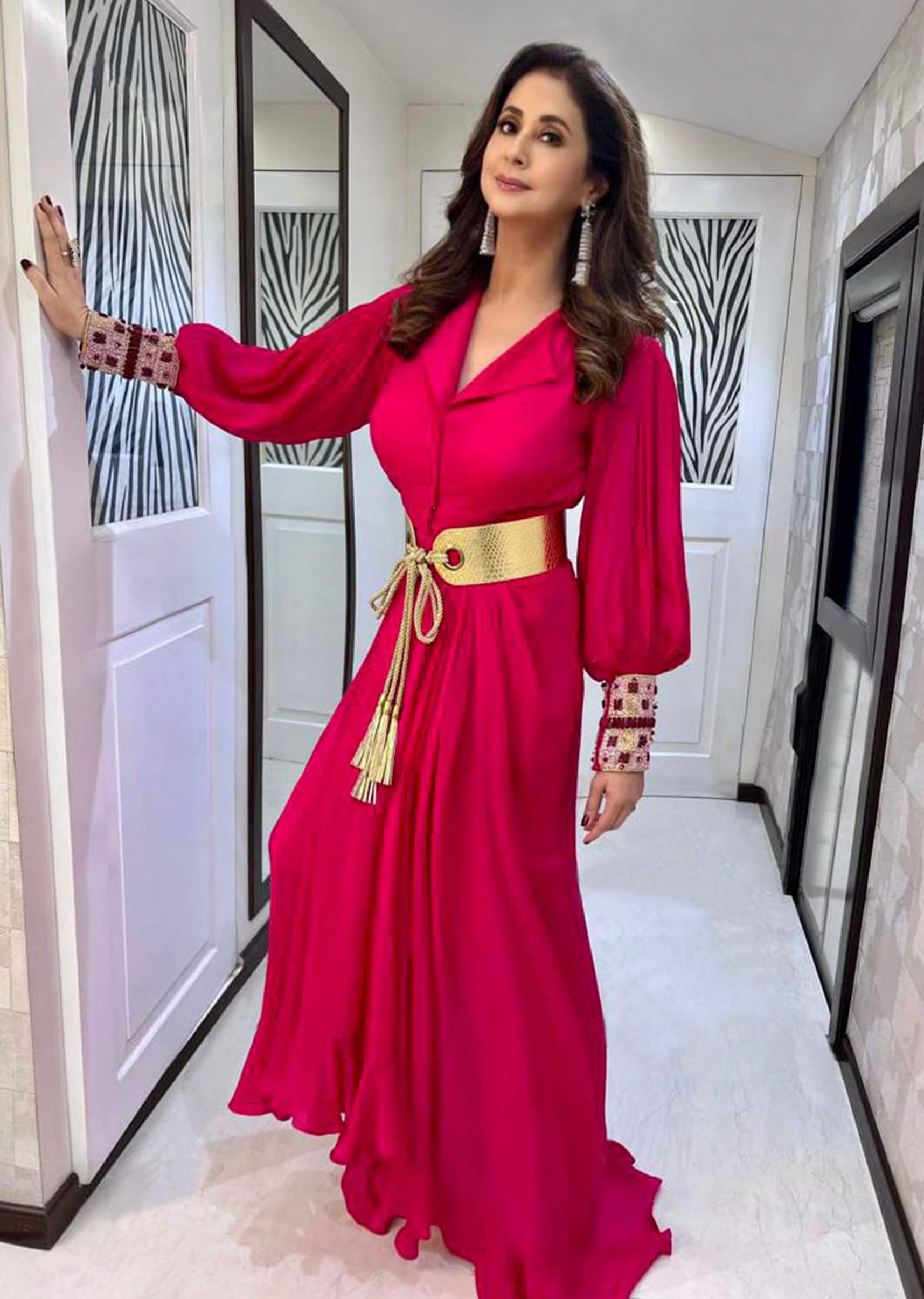 Buy Hot Pink Dress With A Chunky Embroidered Bishop Sleeves And Collar Neckline KALKI Fashion Global