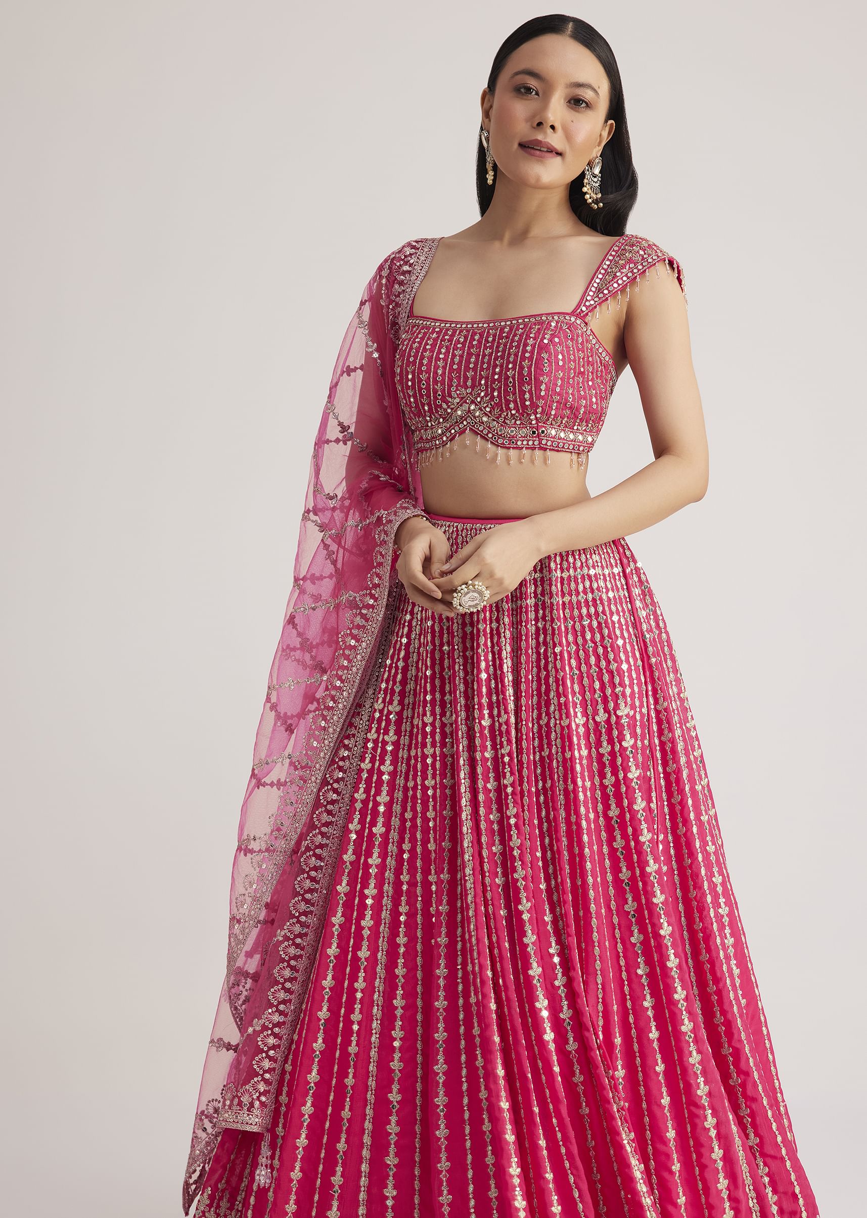 Buy Hot Pink Embroidered Lehenga Set With Mirror Work