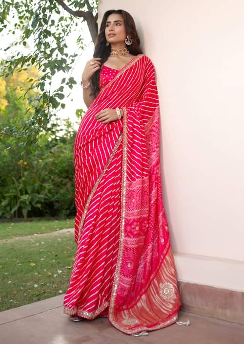Image Vicente Rama image beautiful image beautiful image beautiful image beautiful image beautiful image beautiful image beautiful - Buy Hot Pink Lehariya Saree In Gota Patti Work With Unstitched Blouse
