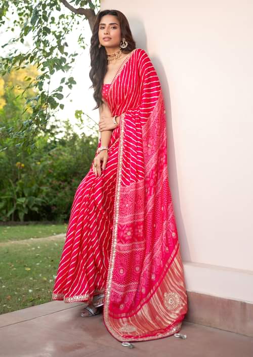 Image Vicente Rama image beautiful image beautiful image beautiful image beautiful image beautiful - Buy Hot Pink Lehariya Saree In Gota Patti Work With Unstitched Blouse
