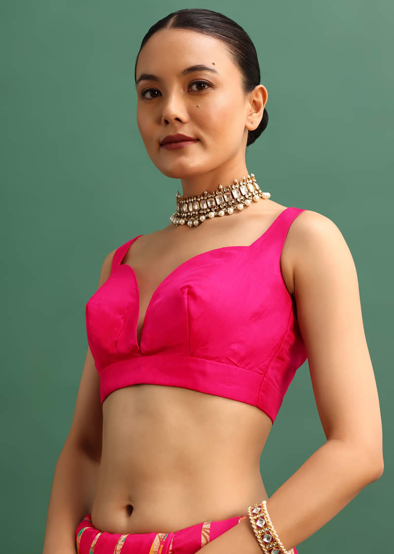 Hot Pink Woven Bandhani Silk Saree With Paithani Border Pallu And Unstitched Blouse