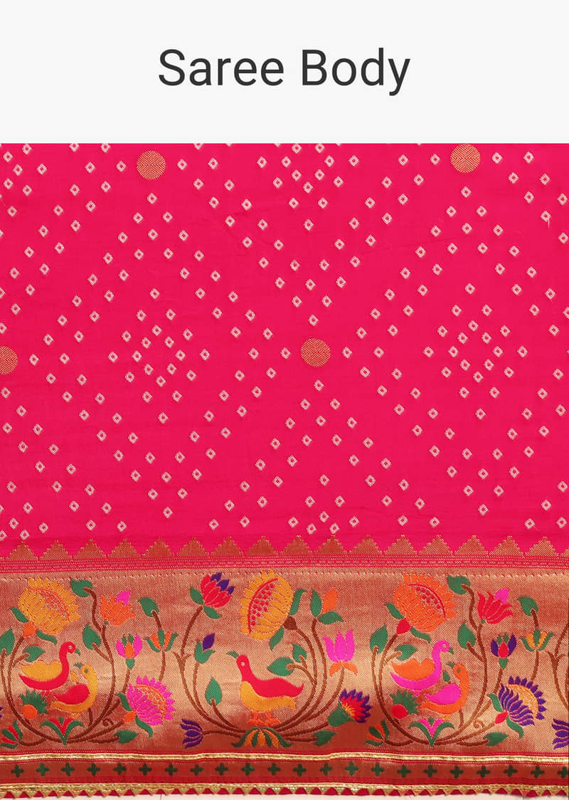 Hot Pink Woven Bandhani Silk Saree With Paithani Border Pallu And Unstitched Blouse