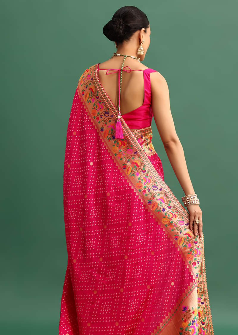 Hot Pink Woven Bandhani Silk Saree With Paithani Border Pallu And Unstitched Blouse