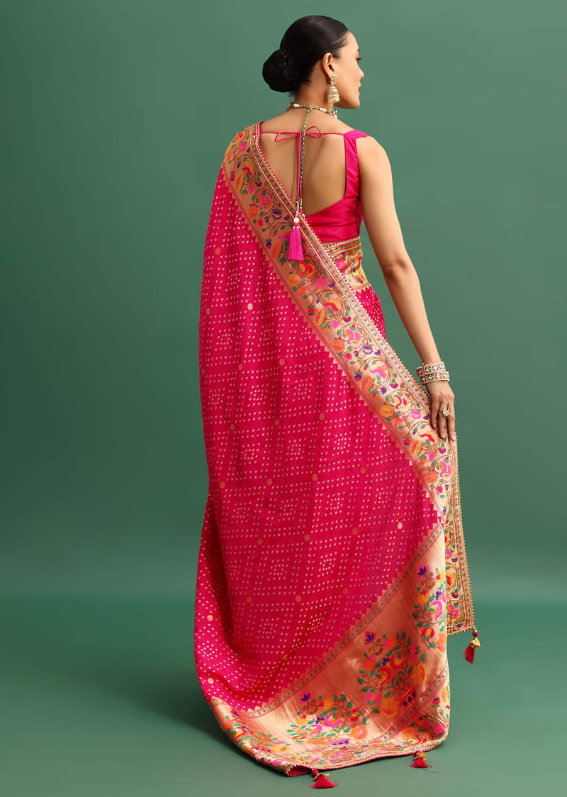 Hot Pink Woven Bandhani Silk Saree With Paithani Border Pallu And Unstitched Blouse