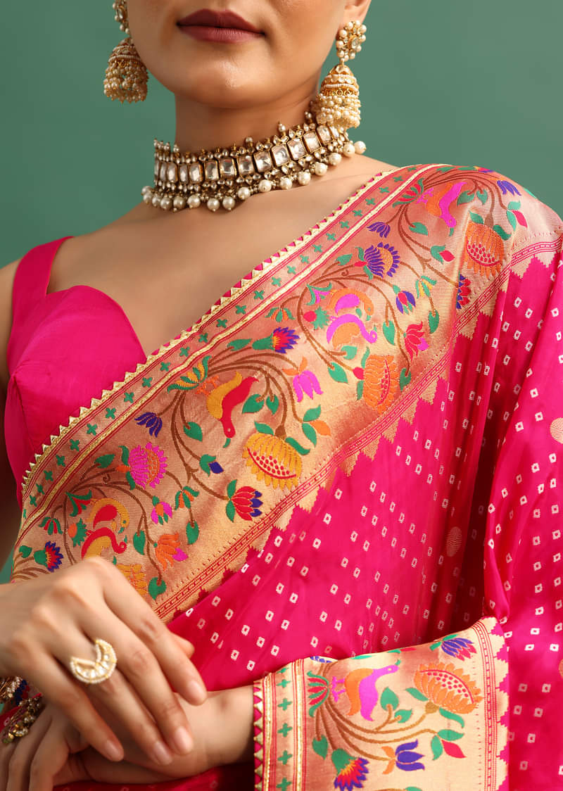 Hot Pink Woven Bandhani Silk Saree With Paithani Border Pallu And Unstitched Blouse