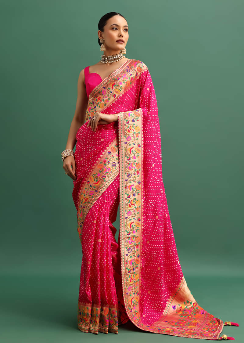 Hot Pink Woven Bandhani Silk Saree With Paithani Border Pallu And Unstitched Blouse