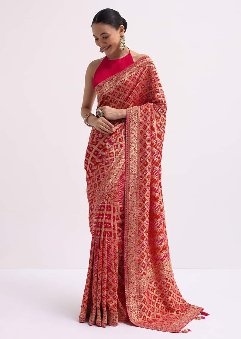 Hot Pink Woven Khadi Georgette Saree With Unstitched Blouse