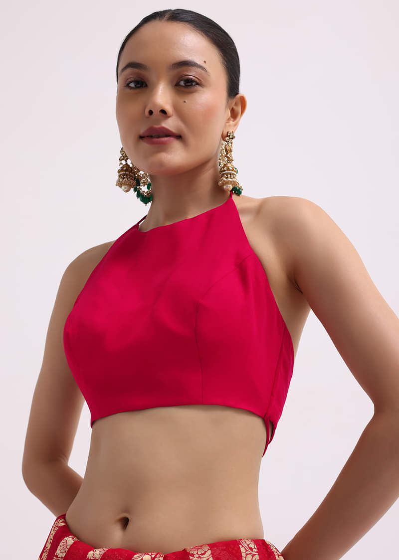 Hot Pink Woven Khadi Georgette Saree With Unstitched Blouse