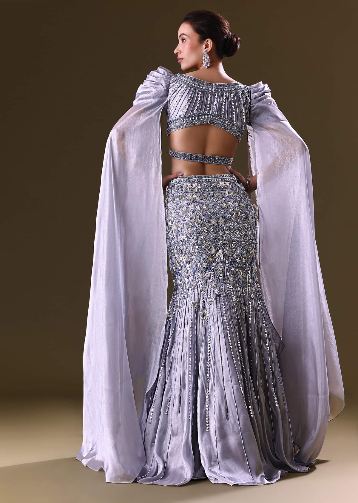 Buy Ice Blue Mermaid Lehenga And Blouse With Long Wing Sleeves