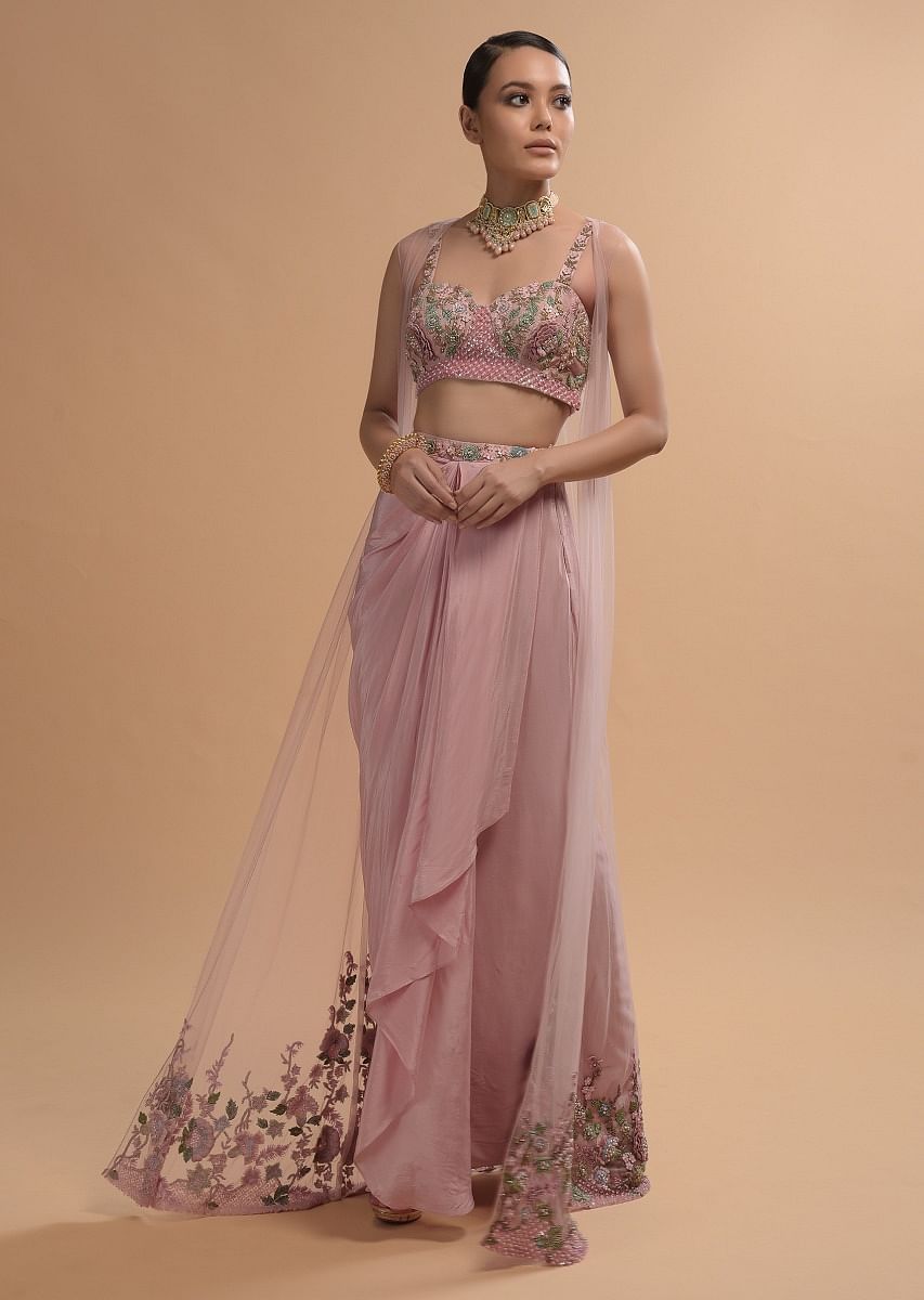 Buy Icy Pink Draped Skirt and Crop Top Set with Long Jacket and 3D Flower Embroidery Online in India