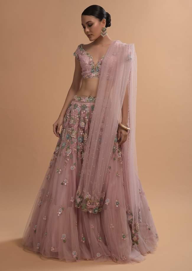 Icy Pink Net Lehenga And Cap Sleeves Crop Top With 3D Flower Cluster And Scattered Buttis 