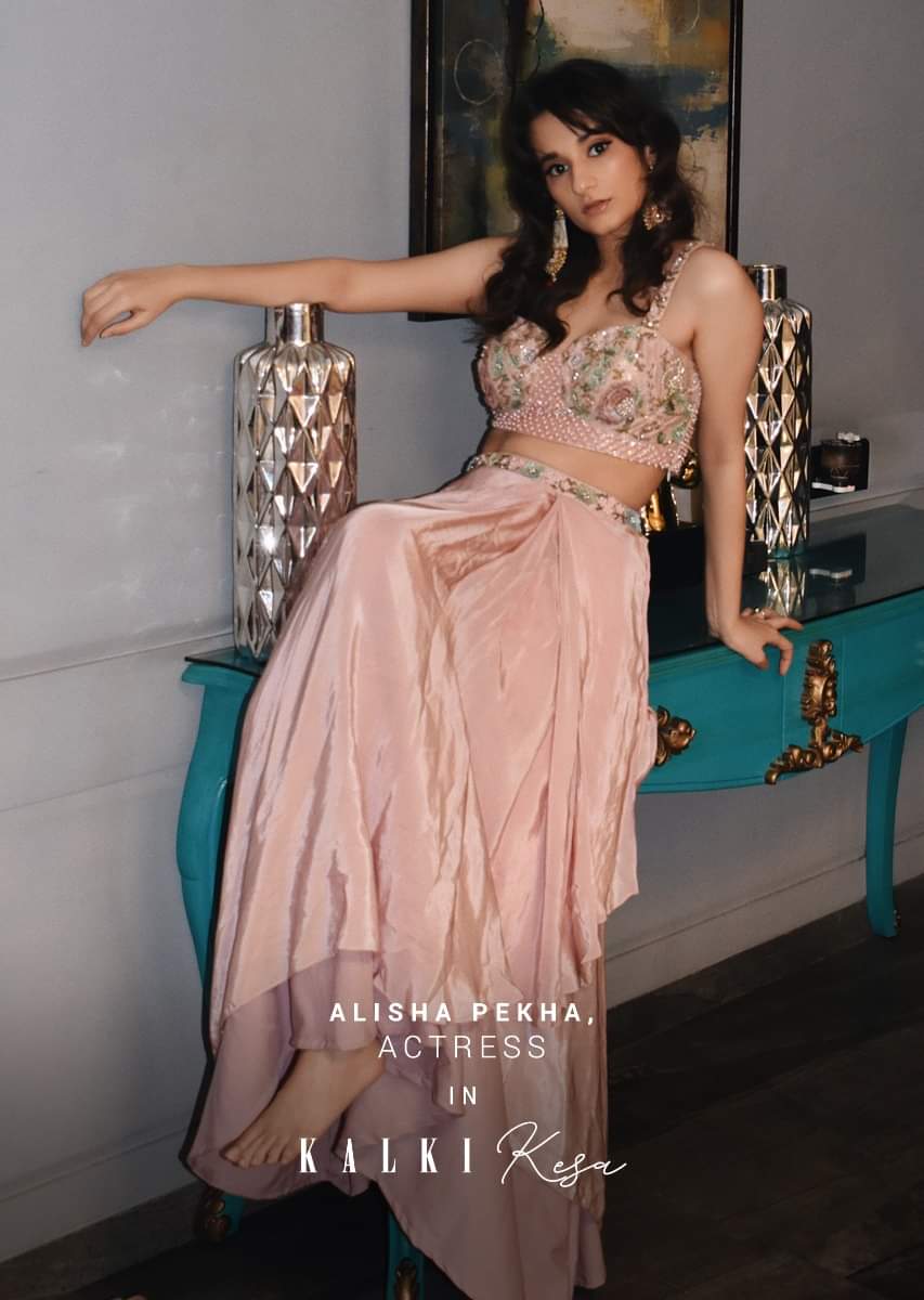 Buy Icy Pink Draped Skirt and Crop Top Set with Long Jacket and 3D