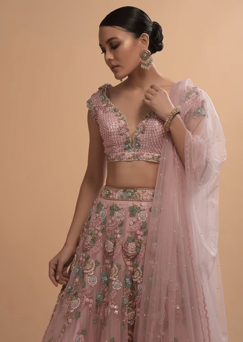 Buy Icy Pink Net Lehenga And Cap Sleeves Crop Top With 3D Flower Cluster And Scattered Buttis Online Kalki Fashion