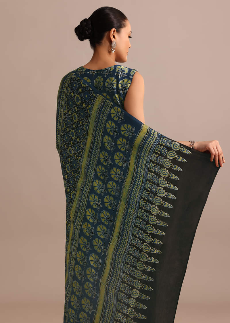Indigo Modal Satin Saree In Ajrakh HandBlock Print