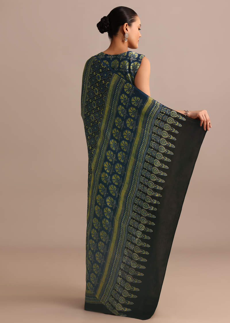 Indigo Modal Satin Saree In Ajrakh HandBlock Print