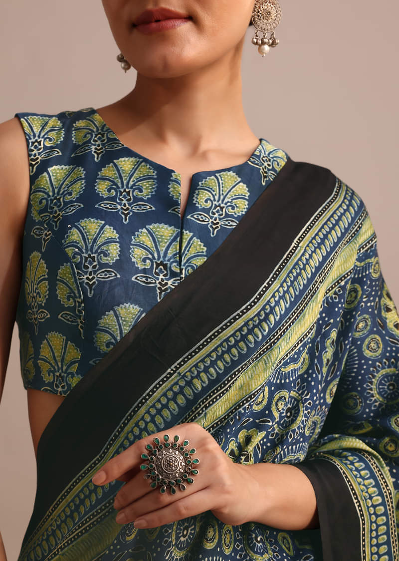 Indigo Modal Satin Saree In Ajrakh HandBlock Print