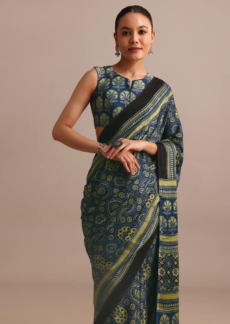 Indigo Modal Satin Saree In Ajrakh HandBlock Print