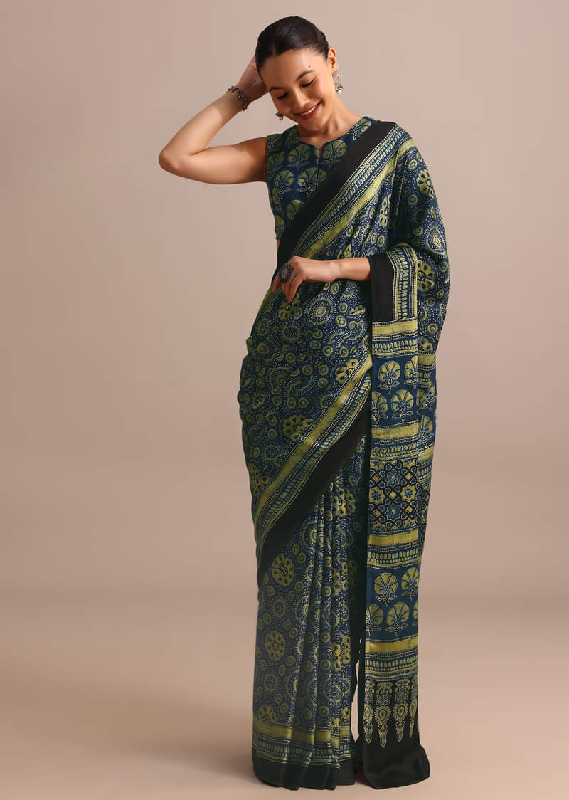 Indigo Modal Satin Saree In Ajrakh HandBlock Print