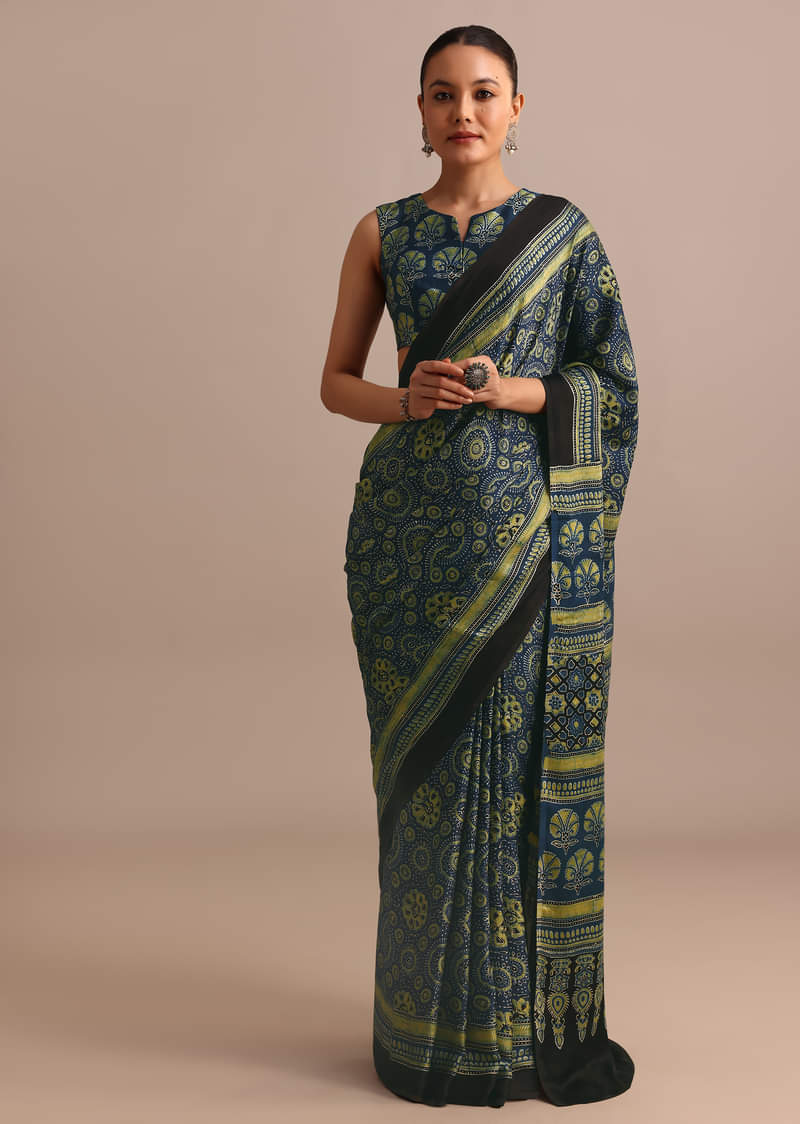Indigo Modal Satin Saree In Ajrakh HandBlock Print