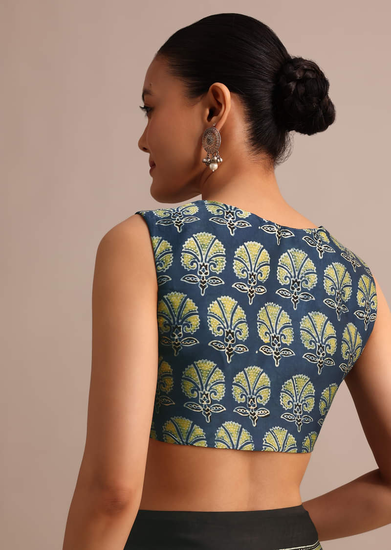 Indigo Modal Satin Saree In Ajrakh HandBlock Print