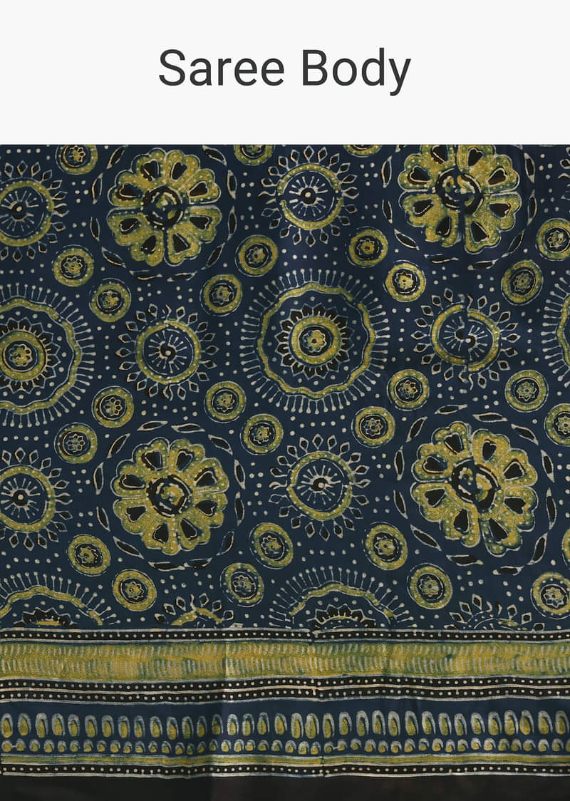 Indigo Modal Satin Saree In Ajrakh HandBlock Print