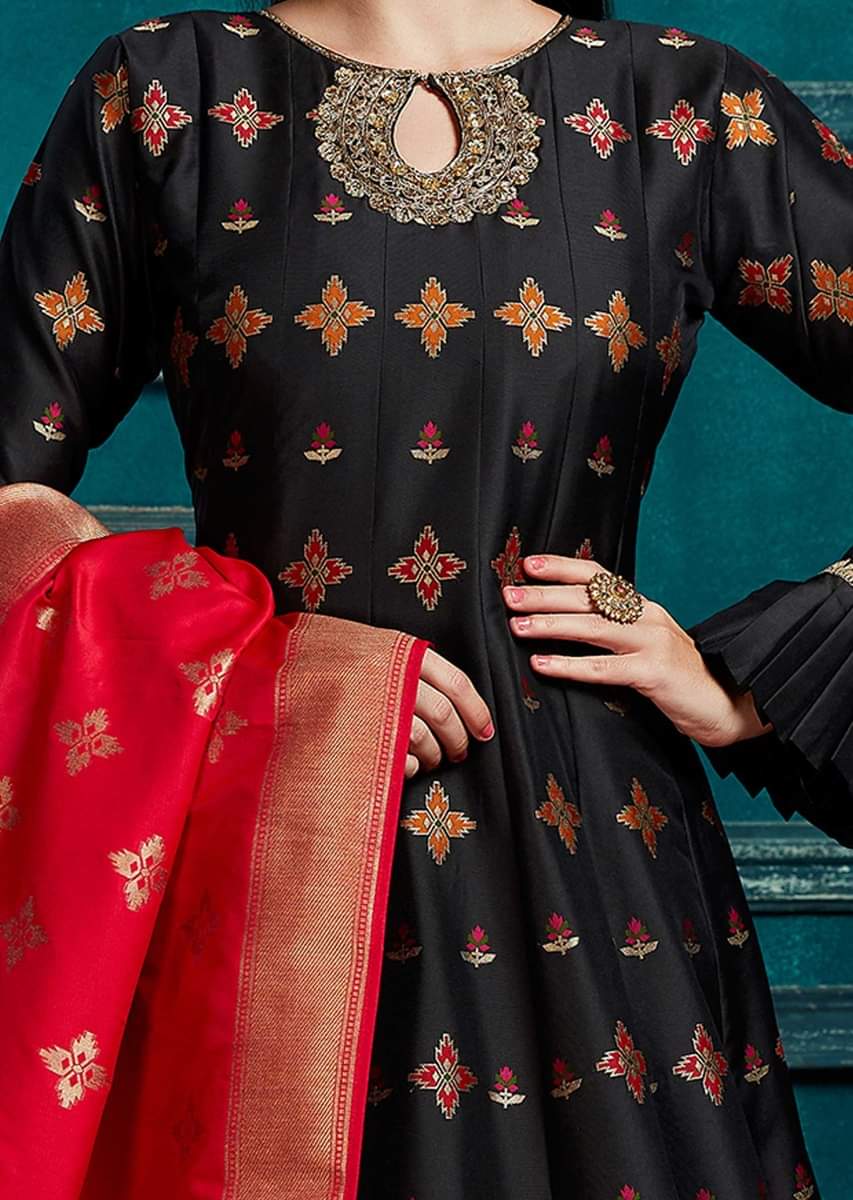 Buy Ink Black Anarkali Suit With Weaved Floral Buttis And Coral Red Banarasi Dupatta KALKI Fashion India