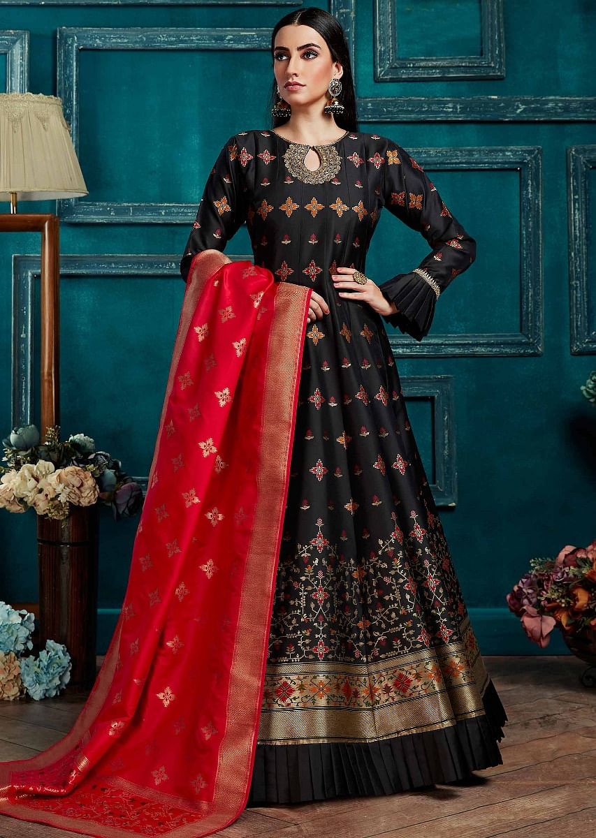 Buy Ink Black Anarkali Suit With Weaved Floral Buttis And Coral Red Banarasi Dupatta KALKI Fashion India