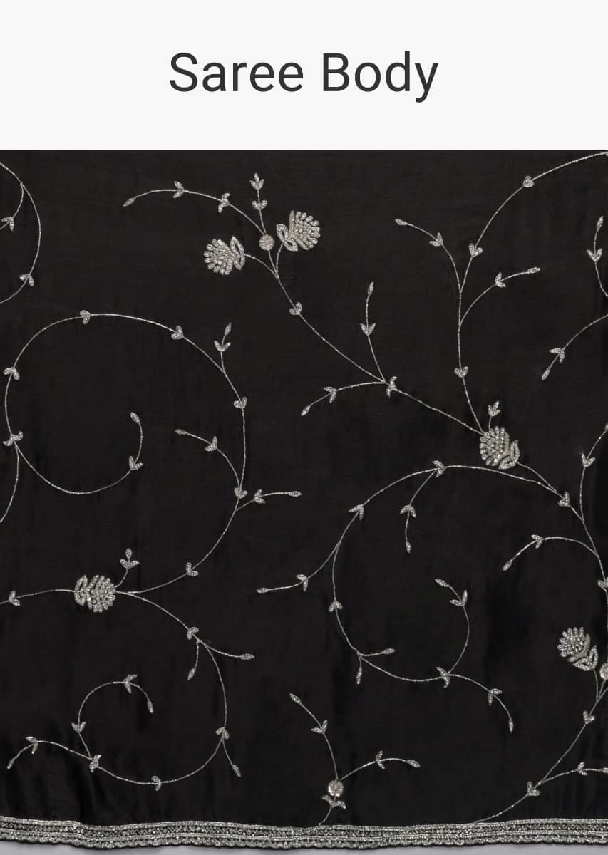 Buy Ink Black Saree In Chinon With Stones, Pearls And Cut Buy Ink Black Saree In Chinon With Stones, Pearls And Cut
