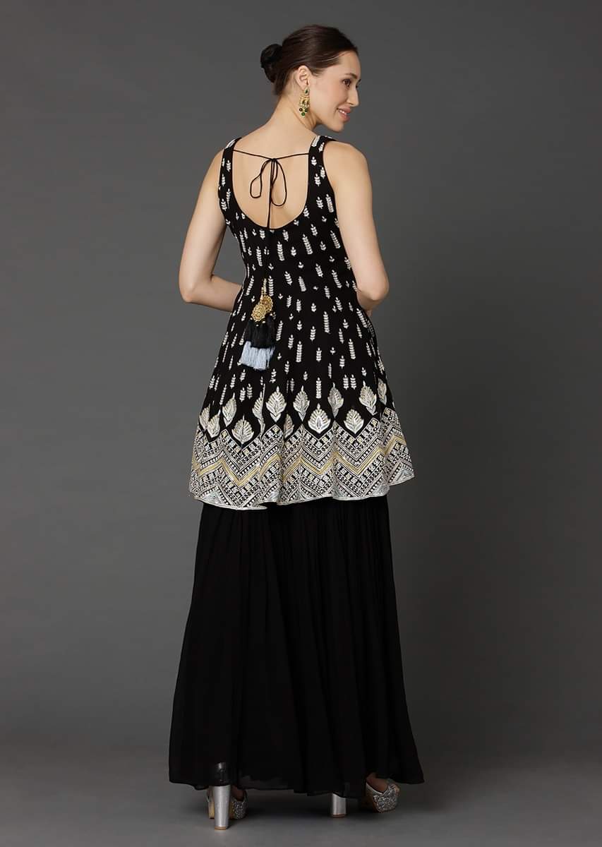 Buy Ink Black Sharara Suit In Georgette With Resham Work In Leaf Buttis And Chevron Pattern Online Kalki Fashion