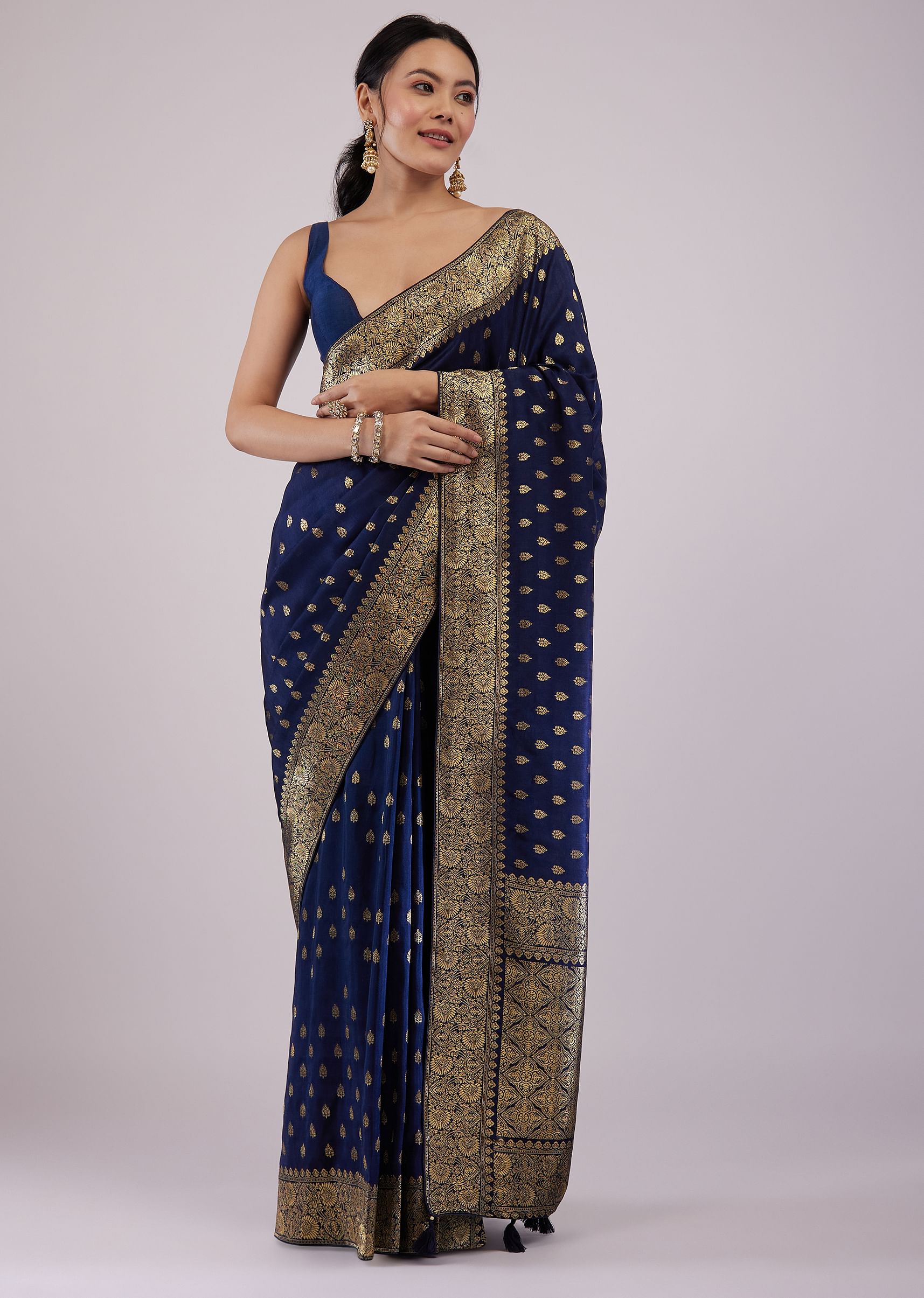 Dark blue with golden border saree online