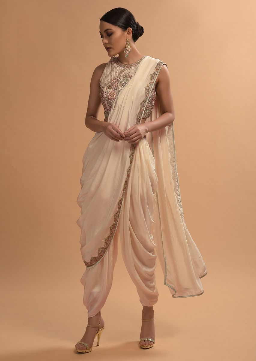 Buy Ivory Dhoti Saree And Crop Top With Embossed Floral Embroidery And High Neckline Online Kalki Fashion