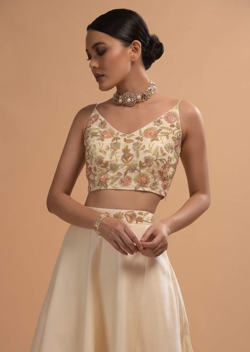 Buy Ivory Skirt Crop Top And Frill Jacket Set With Zardosi And Cut Dana Embroidered Floral Design Online Kalki Fashion