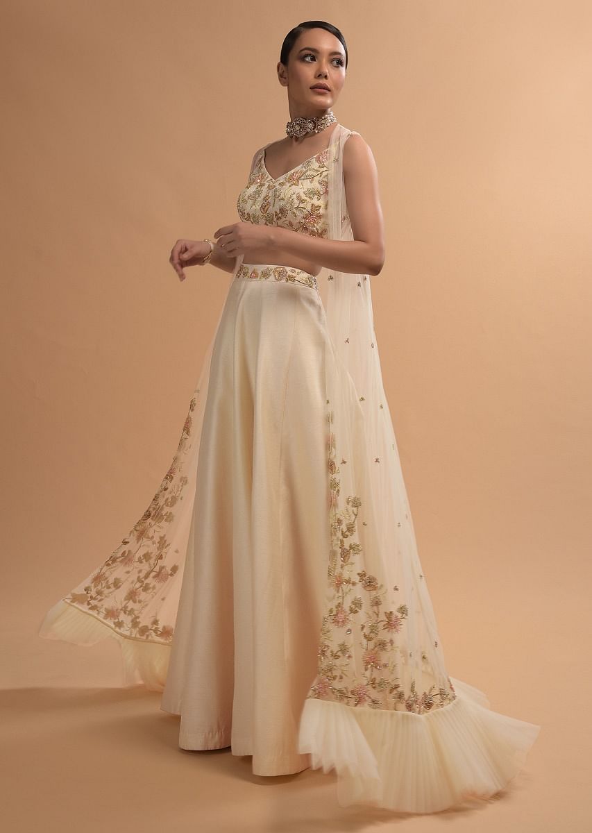 Buy Ivory Skirt Crop Top And Frill Jacket Set With Zardosi And Cut Dana Embroidered Floral Design Online Kalki Fashion