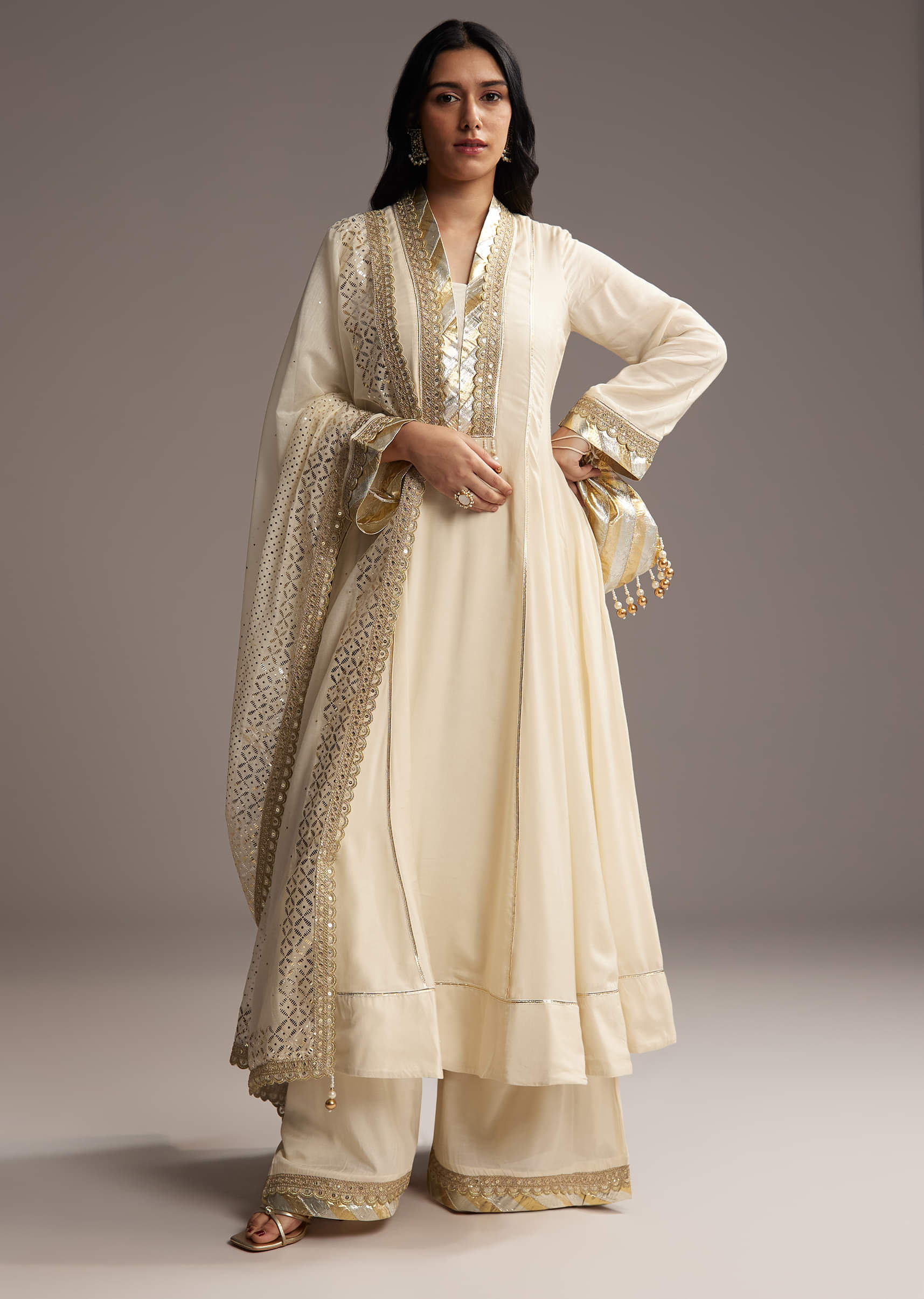 Buy Ivory White Cotton Silk Anarkali Suit With Gotta Work