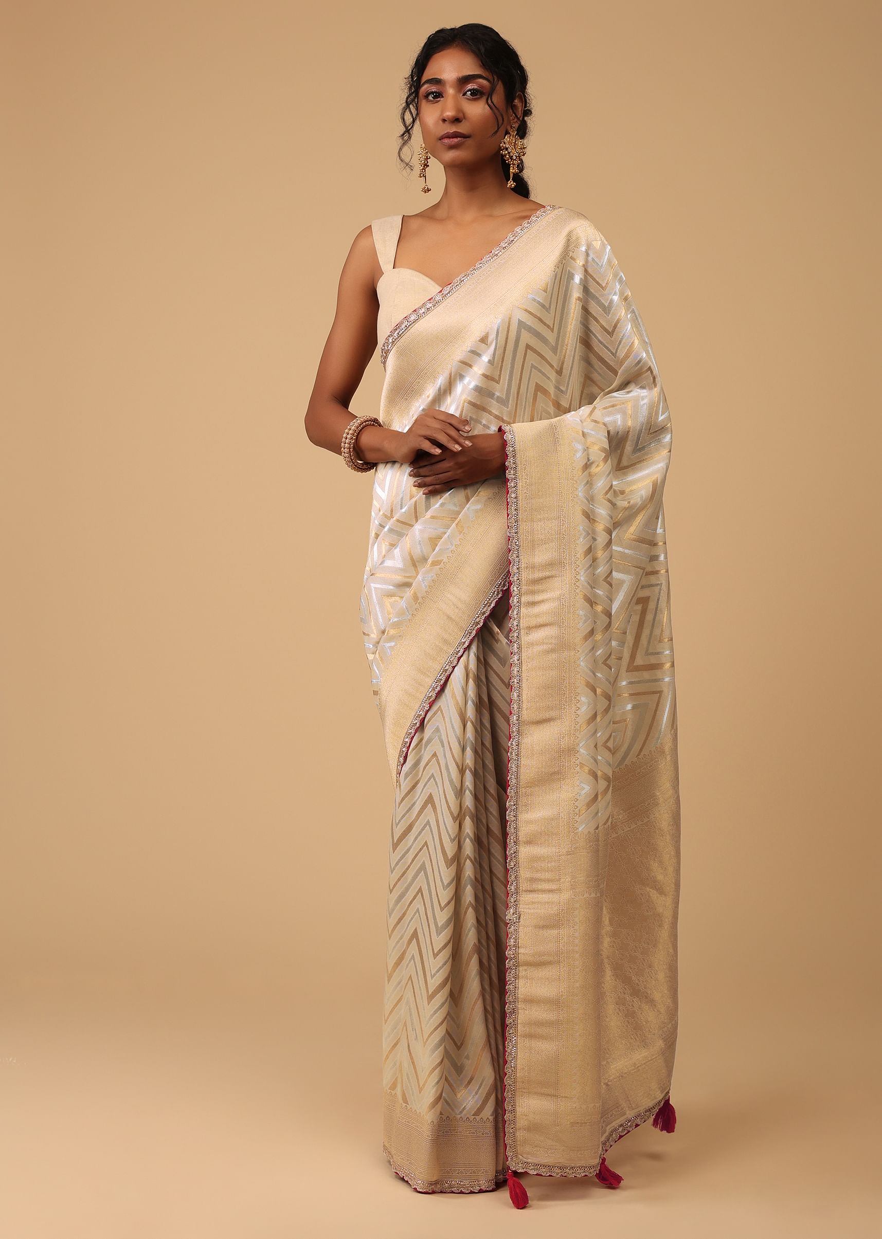 Buy Ivory White Silk Saree with Gold Zari Weave Online