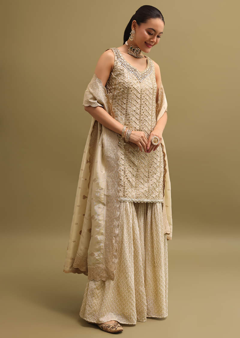 Ivory Embroidered Georgette Kurta Sharara Set