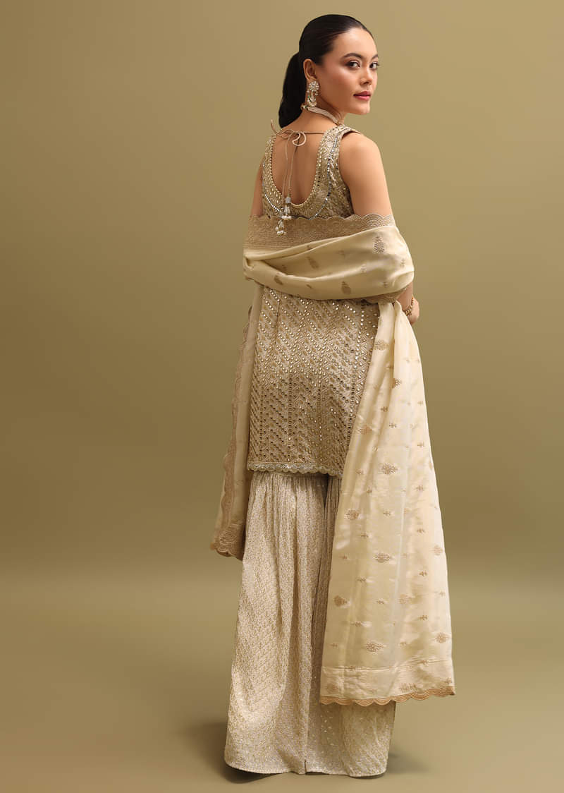 Ivory Embroidered Georgette Kurta Sharara Set