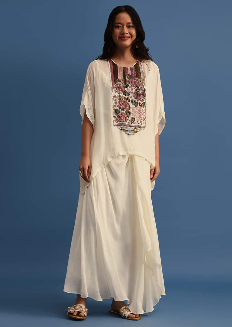 Ivory Georgette Skirt And Cape In Resham Work