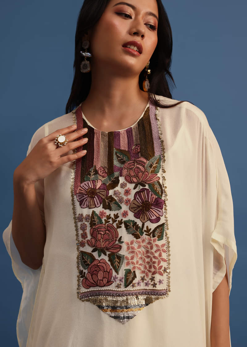 Ivory Georgette Skirt And Cape In Resham Work