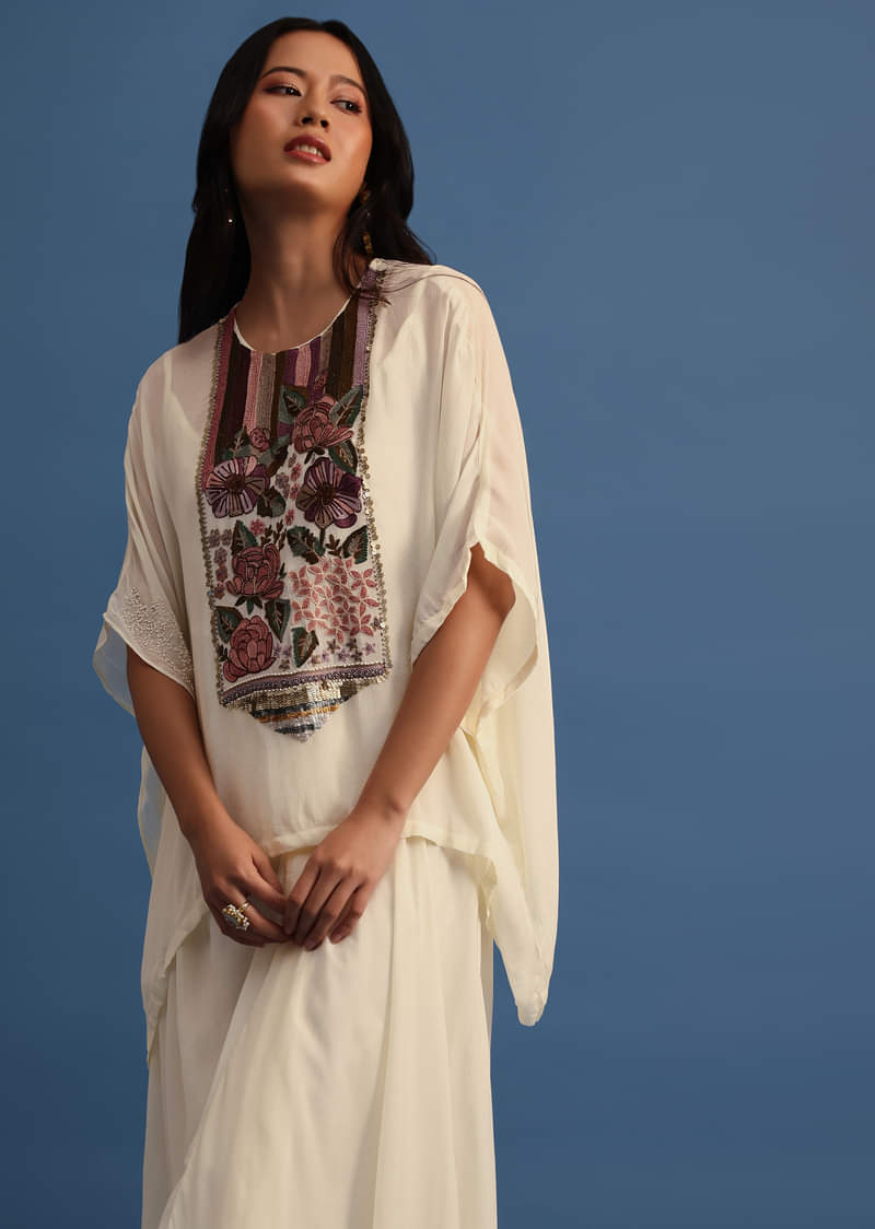 Ivory Georgette Skirt And Cape In Resham Work