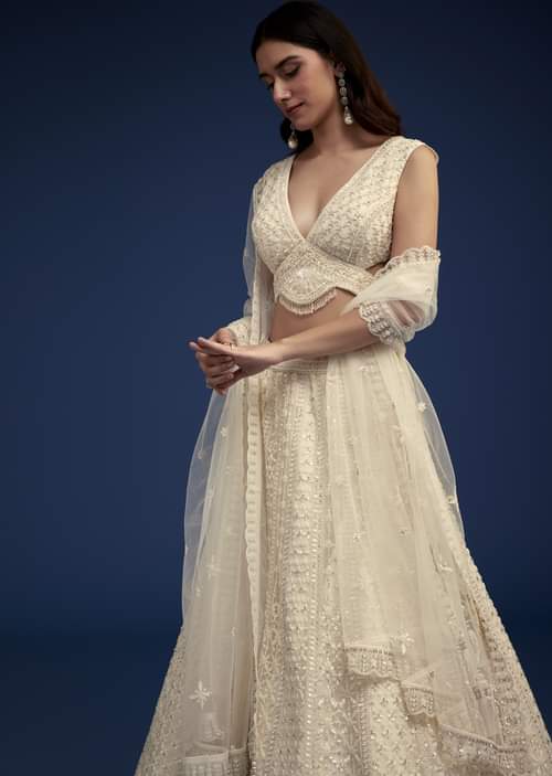 Ivory Lehenga Set With Moti And Resham Work