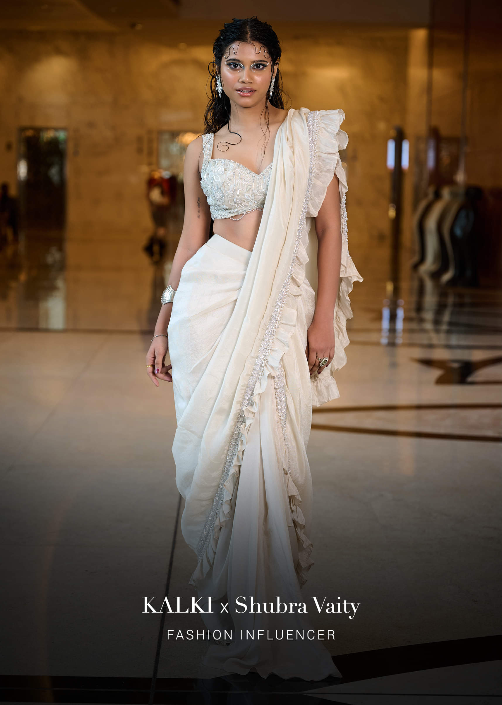 Buy Ivory Pre-Stitched Frill Tissue Saree With Blouse