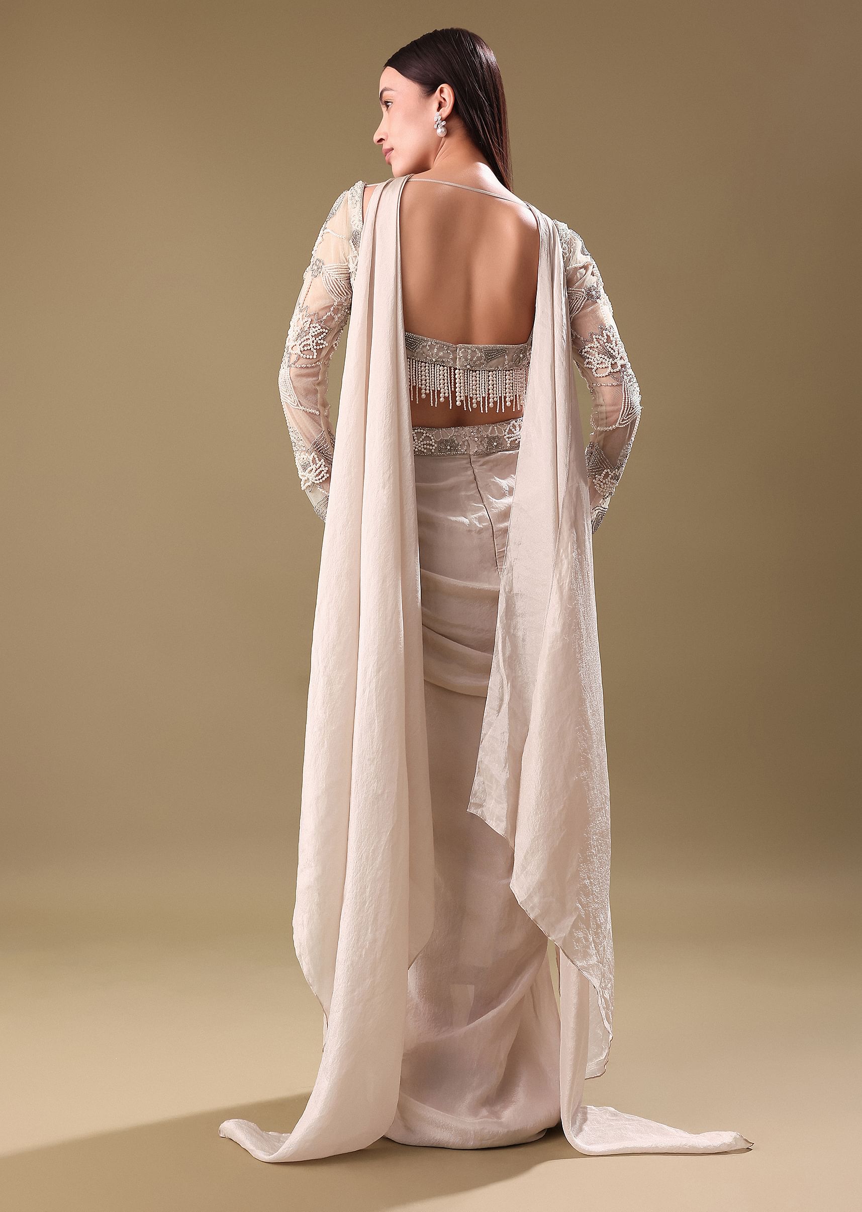 Buy Ivory Pre Drape Tissue Skirt With Full Sleeve Blouse